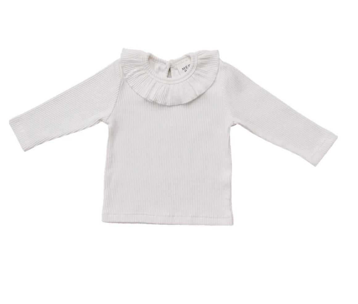 White Ribbed Ruffle Long Sleeve Top