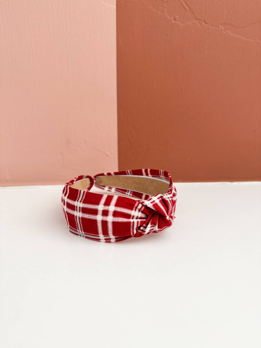 White & Red Plaid Christmas Top Knot Headband