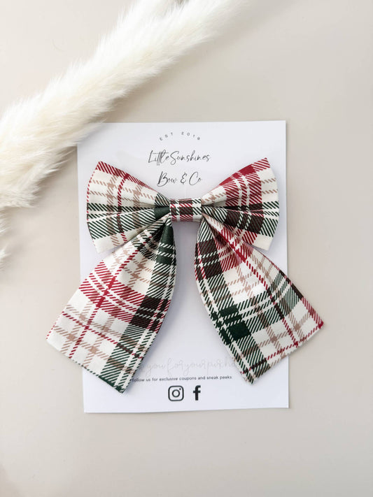 Cream & Green Plaid Christmas Sailor Bow