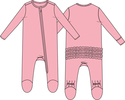 Solid Candy Pink - 2 Way Ruffle Back Zipper Footie