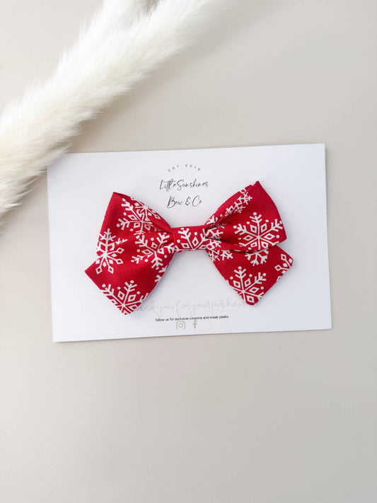 Red & White Snowflakes Christmas Pinwheel Hair Bow