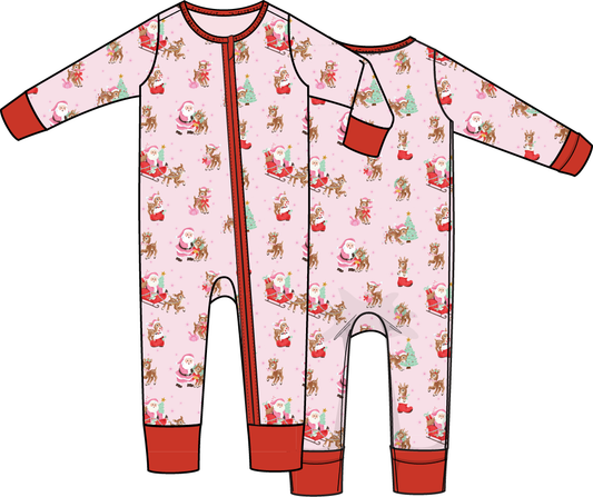 Vintage Reindeer & Santa Pink - Convertible Romper