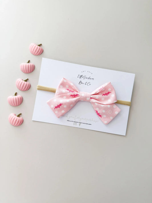 Pink & White Bats Halloween Pinwheel Hair Bow