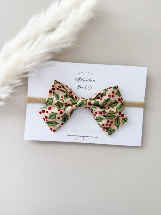 Cream Holly Christmas Pinwheel Hair Bow