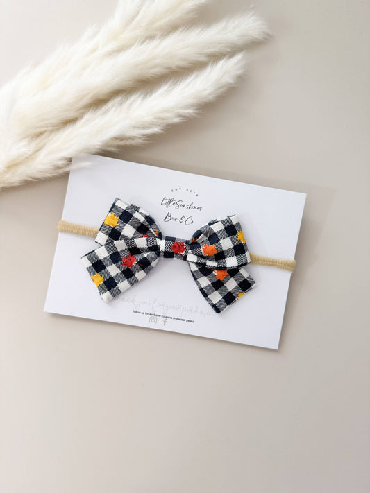 Navy Plaid with Leaves Fall Pinwheel Hair Bow