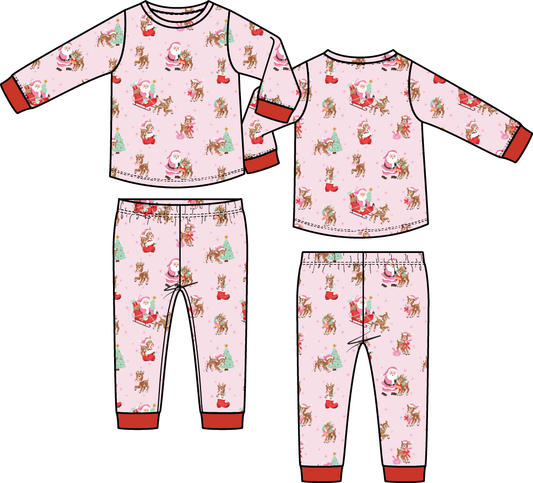 Vintage Reindeer & Santa Pink - Long Sleeve Loungewear Set