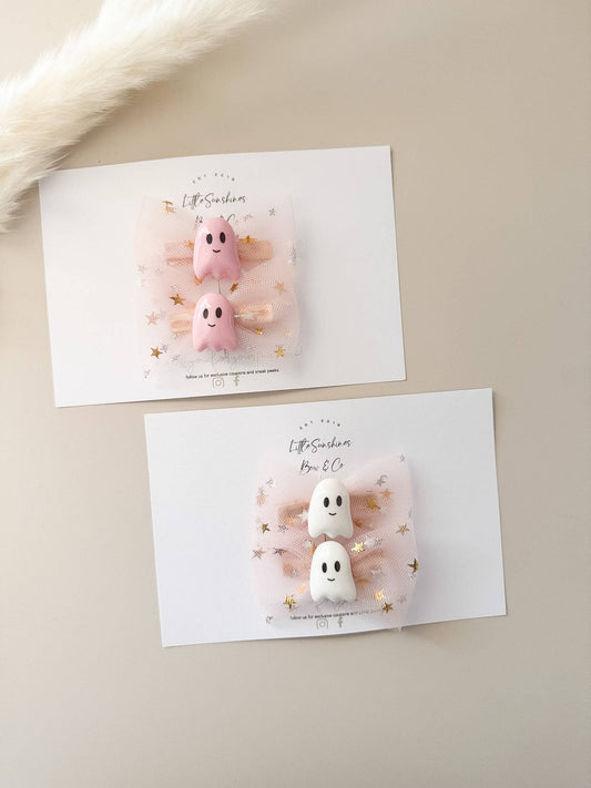 Pink & White Ghost Halloween Hair Clips- Set of 2