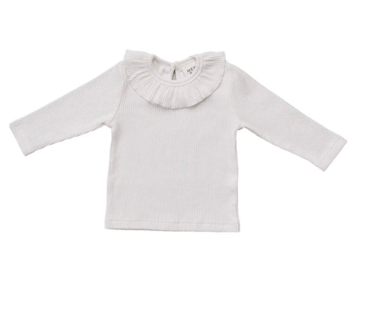 White Ribbed Ruffle Long Sleeve Top