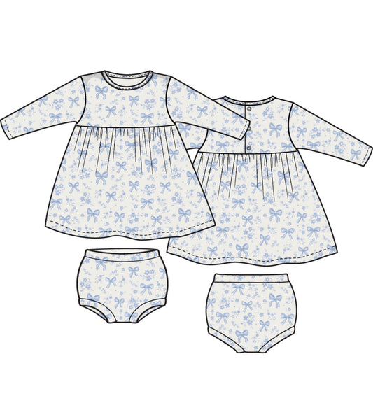Blue Bows And Flowers Simple Dress and Bloomer