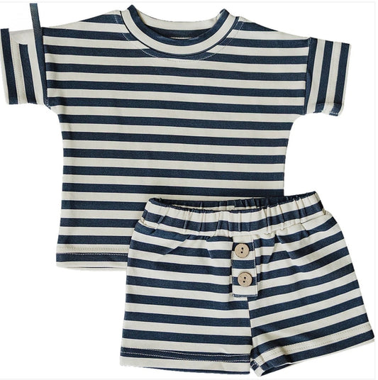 Navy Stripe Button Short Set